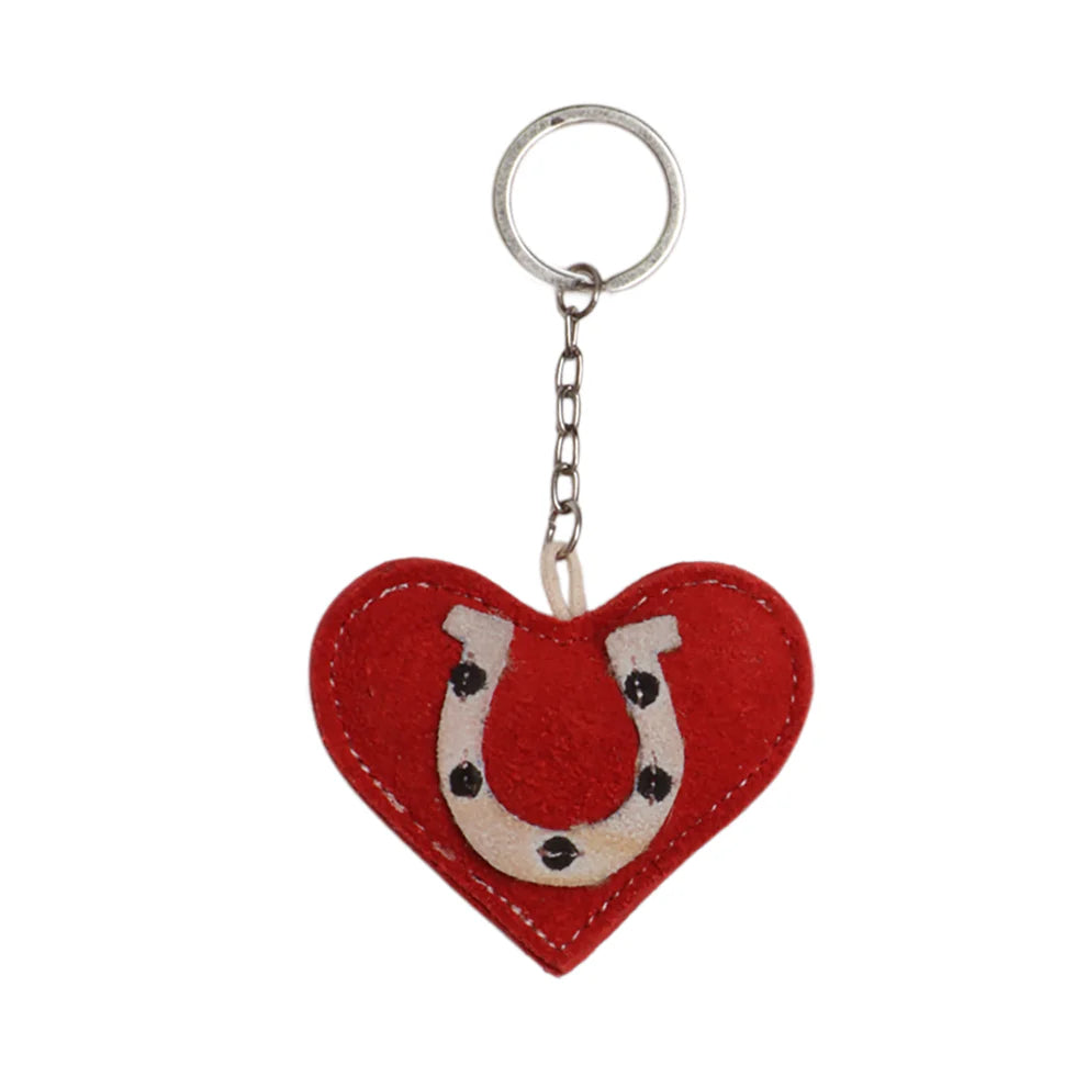 Red heart-shaped keychain with a horseshoe design on a white background