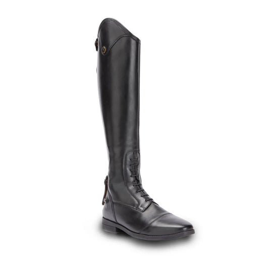 Black leather english style riding boot on a white background.