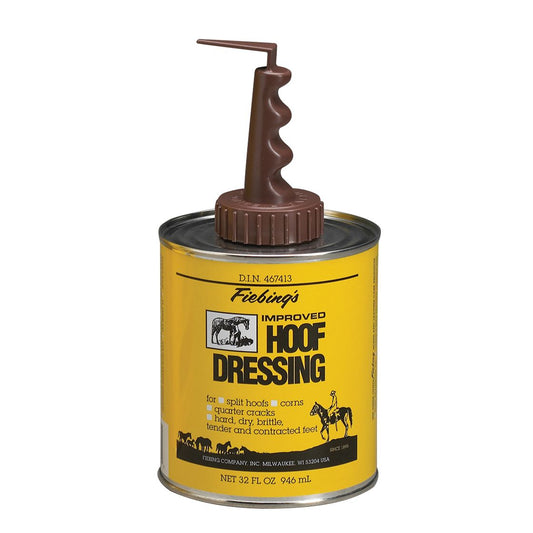 yellow can with brown lettering "Hoof Dressing"