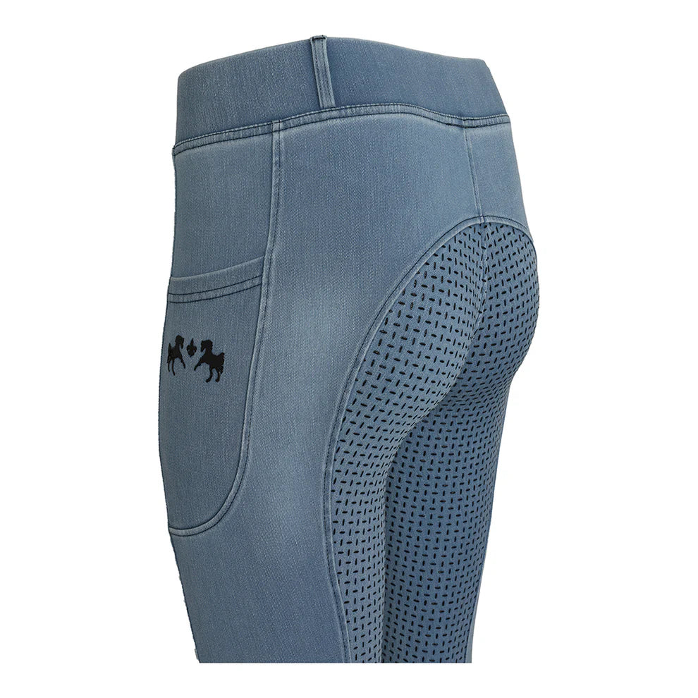 Light Blue denim full seat riding tights on a white background.