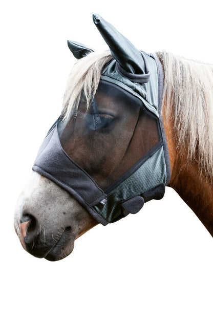 Horse wearing a grey fly mask with mesh covering eyes, nose, and ears on a white background.