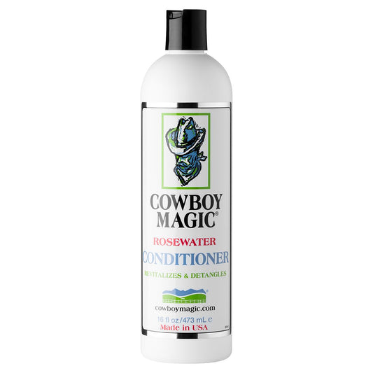 White bottle of Cowboy Magic Rosewater Conditioner for horses.