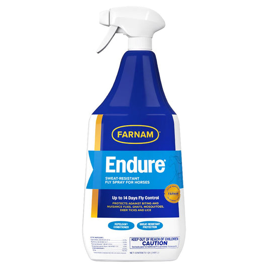 Farnam Endure fly spray in a blue bottle  with a white cap on a white background