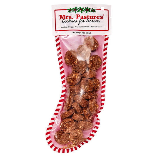 Mrs Pasture's Cookies for horses in a clear Christmas stocking package