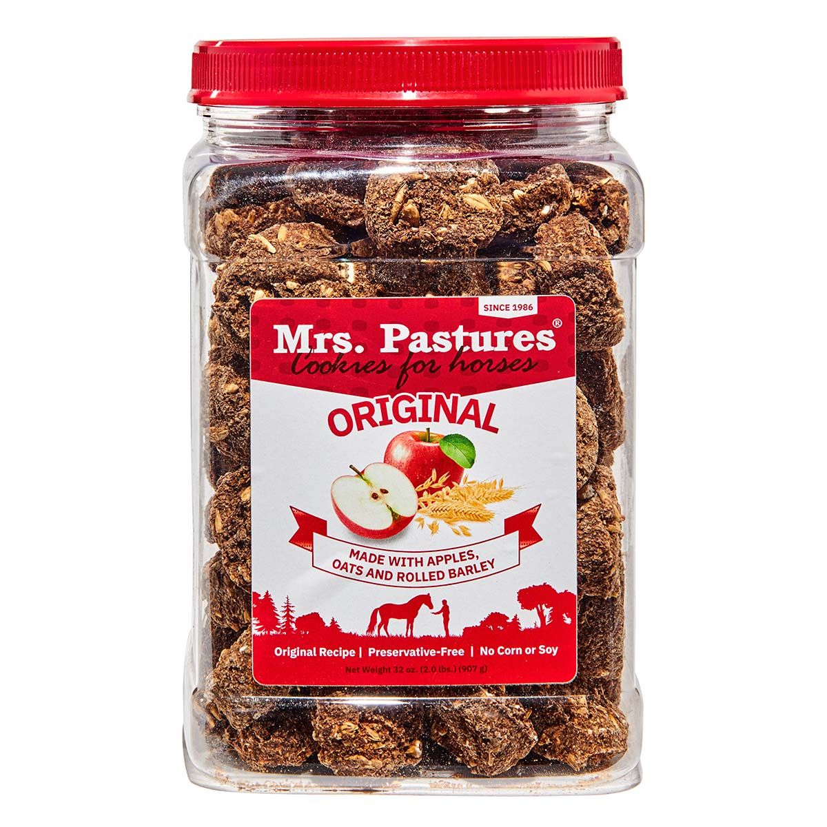 Jar of Mrs. Pastures cookies for horses with a red lid on a white background