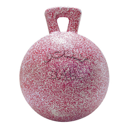 Pink and white speckled ball with a handle on a white background