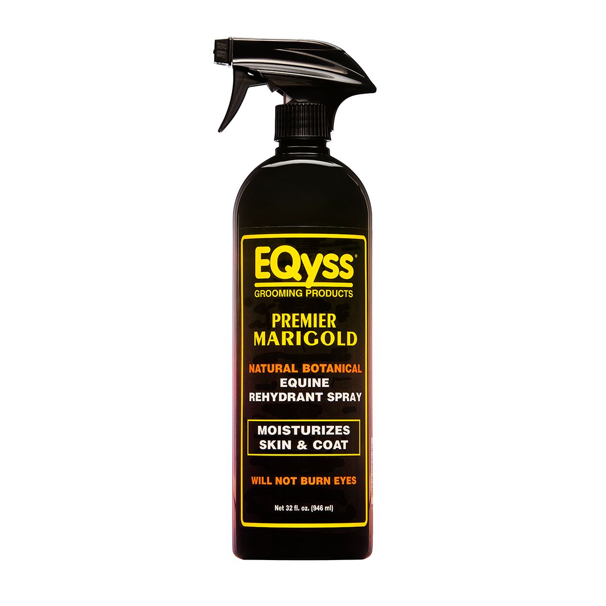 Black spray bottle of EQyss Premier Marigold equine spray