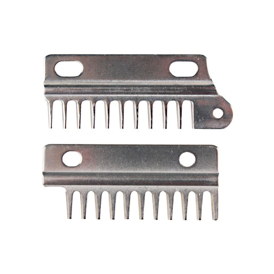 two metal grooming blades with predrilled holes for placement on clipper tool