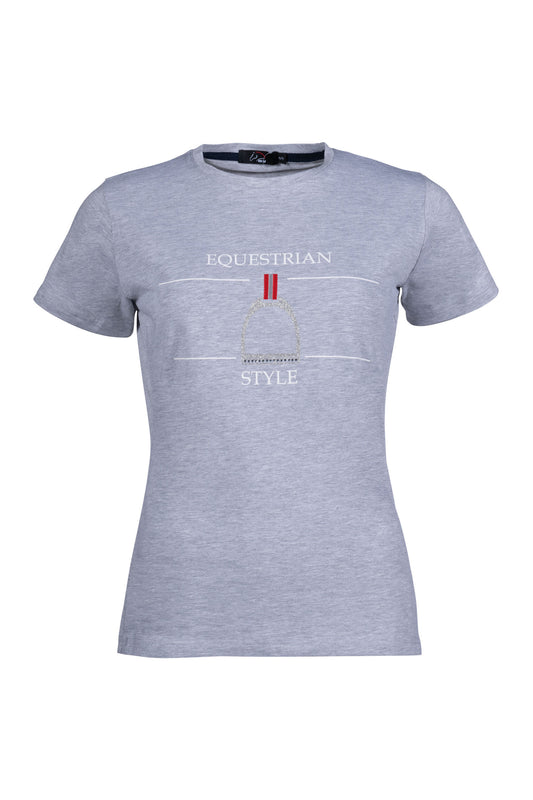 Grey short sleeve tshirt with a silver stirrup.  Words "equestrian style" printed on shirt.