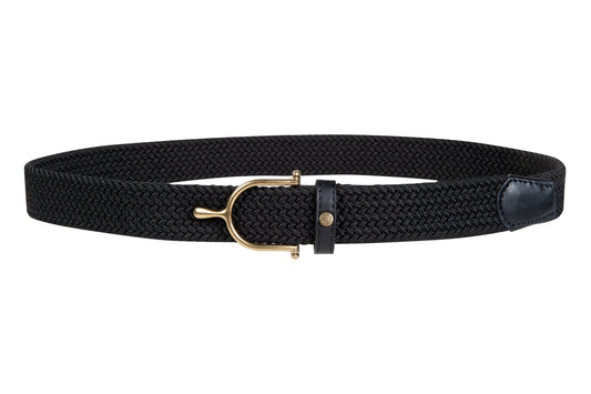 Black elastic belt with an english equestrian brass spur as a buckle