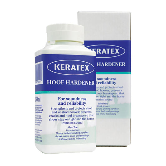 Container of Keratex Hoof Hardenter.  White bottle, blue label