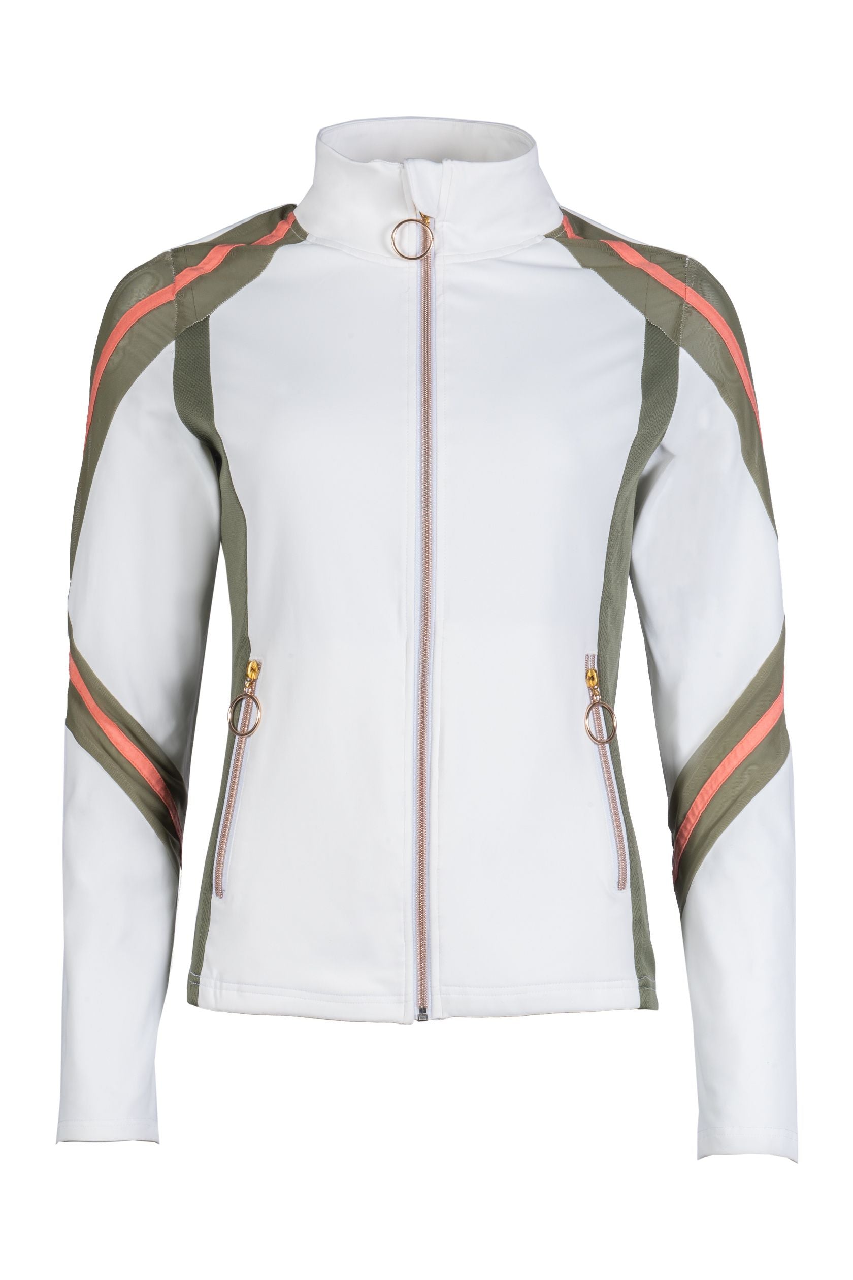 Colorblock zip casual equestrian riding jacket.  Creme, olive and pumpkin colors