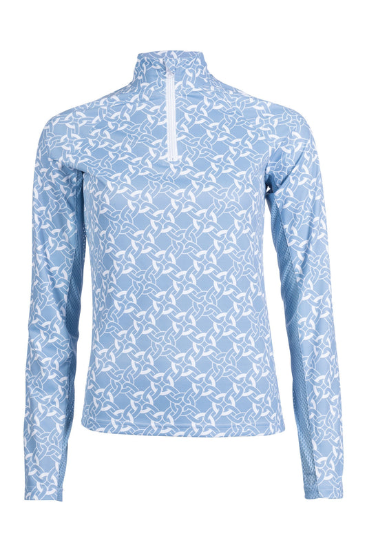 Front view of a blue and white print riding shirt with quarter zip.