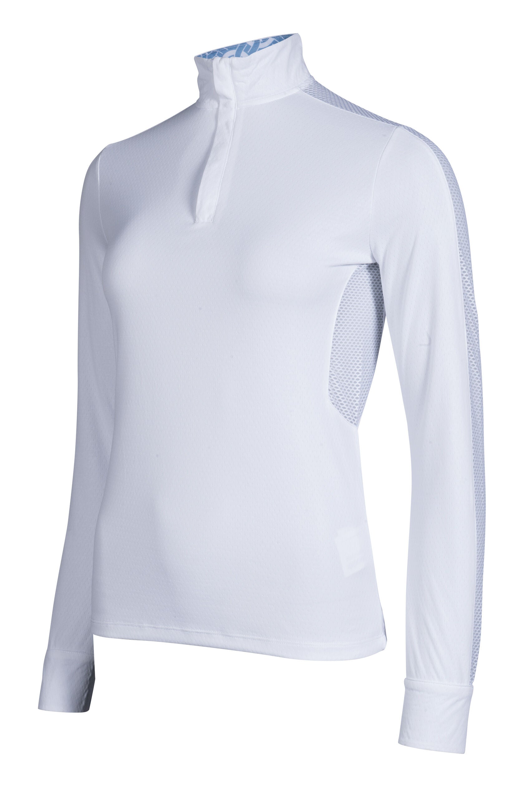 White equestrian show shirt with under arm vented panel