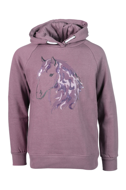 dusty mauve colored child's hoodie sweatshirt with a graphic horse on front