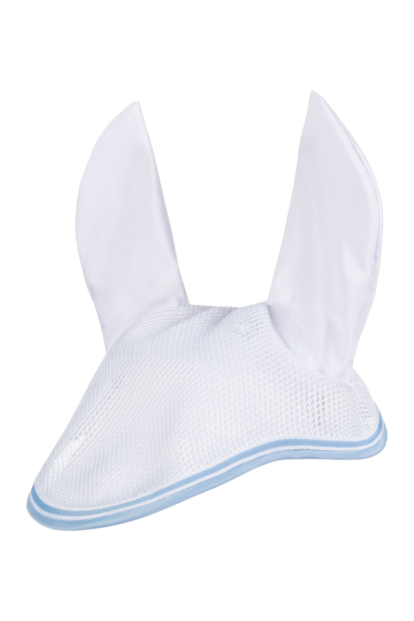 White fly bonnet with baby blue trim