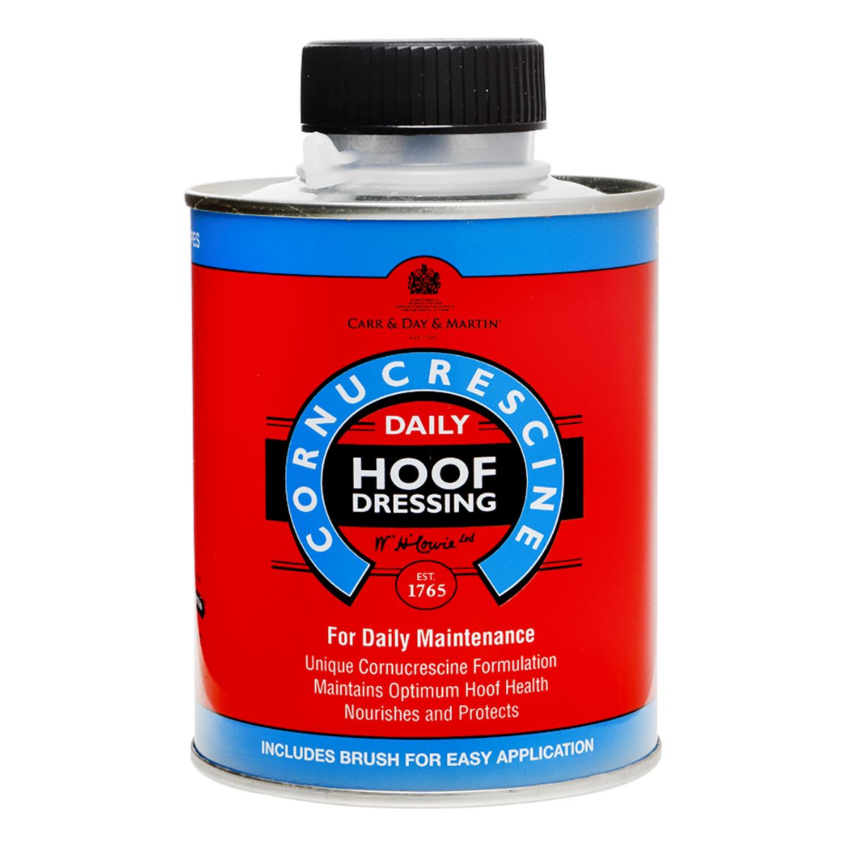 red can of Cornucrescine daily hoof dressing