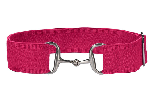 pink textured elastic belt with a silver buckle that looks like a snaffle bit.