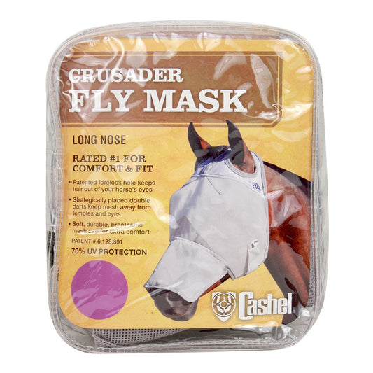 Packaged Crusader Fly Mask (long nose no ears) with horse illustration on a white background