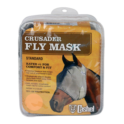 Package of Crusader Fly Mask with photo of a grey mask on a horse