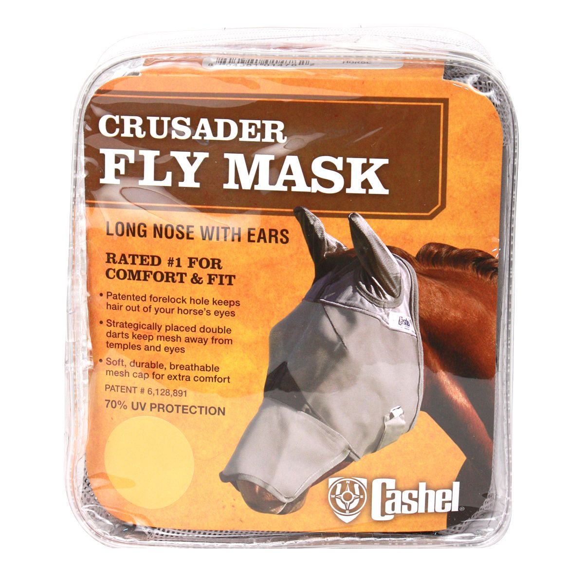 Packaged Crusader Fly Mask (long nose with ears) with a horse wearing it on an orange background
