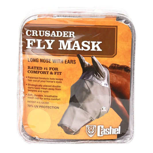 Packaged Crusader Fly Mask (long nose with ears) with a horse wearing it on an orange background