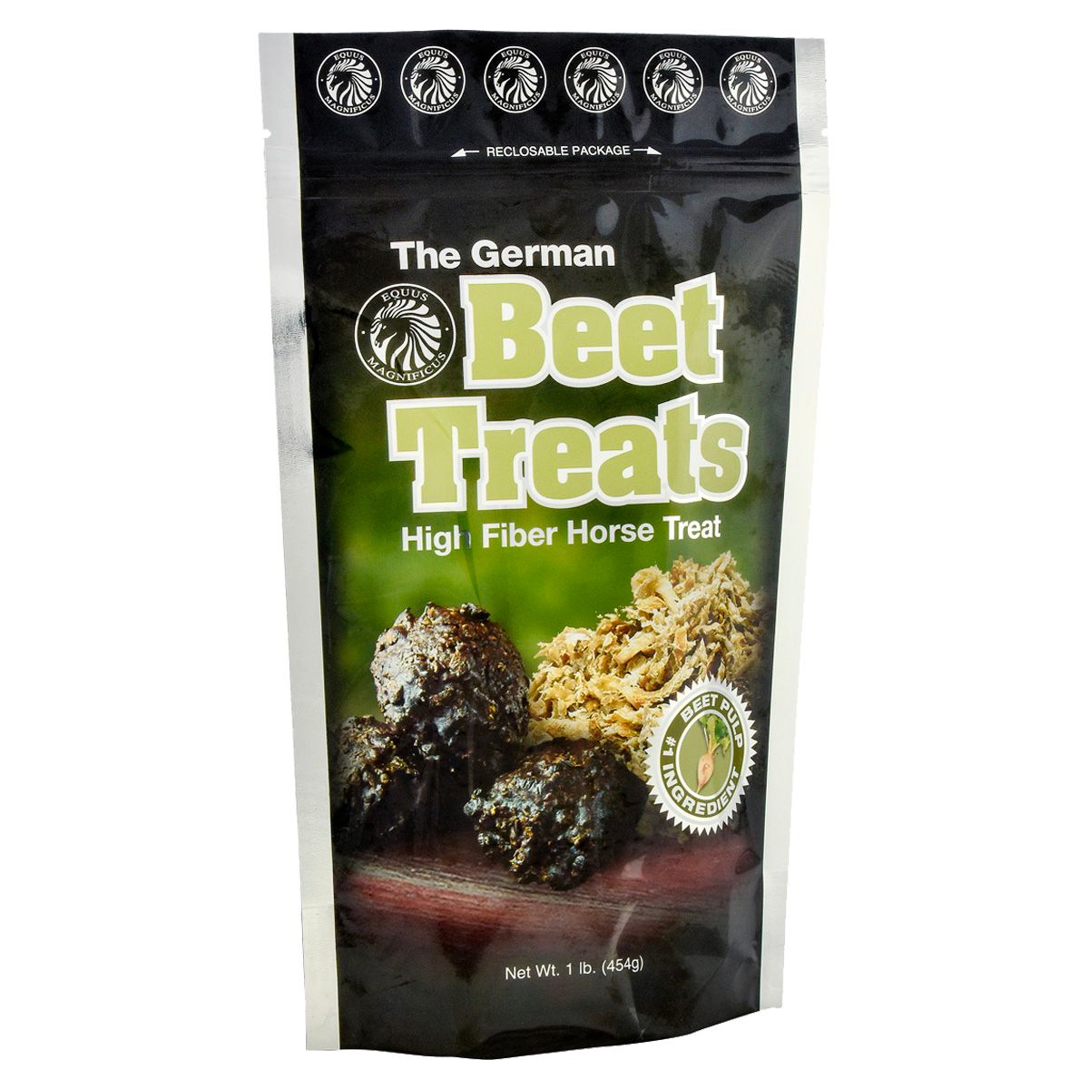 Package of 'The German Beet Treats' high fiber horse treat with images of beetroot and treat on a white background.