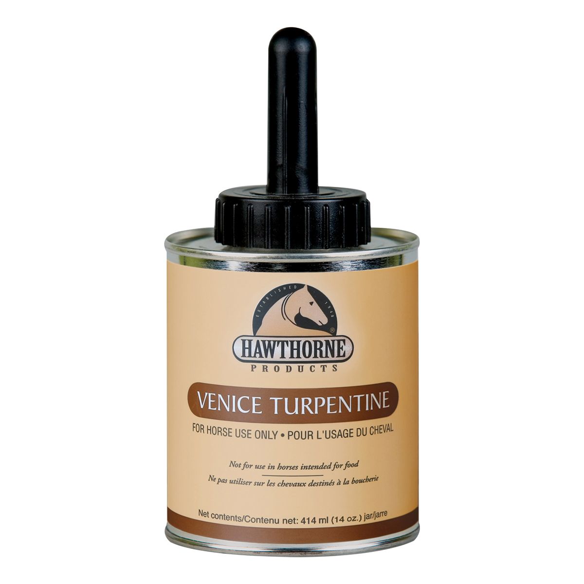 tan can of Venice Turpentine with brush handle