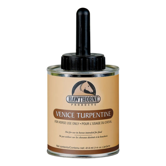 tan can of Venice Turpentine with brush handle