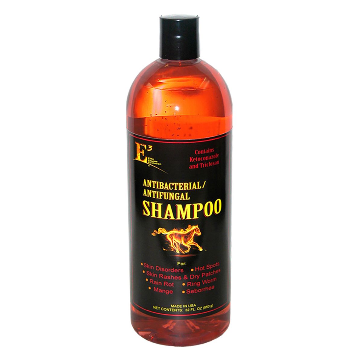 Bottle of antibacterial and antifungal shampoo for horses on a white background