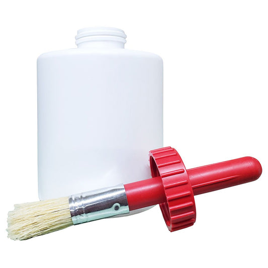 White container with top off.  Red top shown with attached hoof brush.