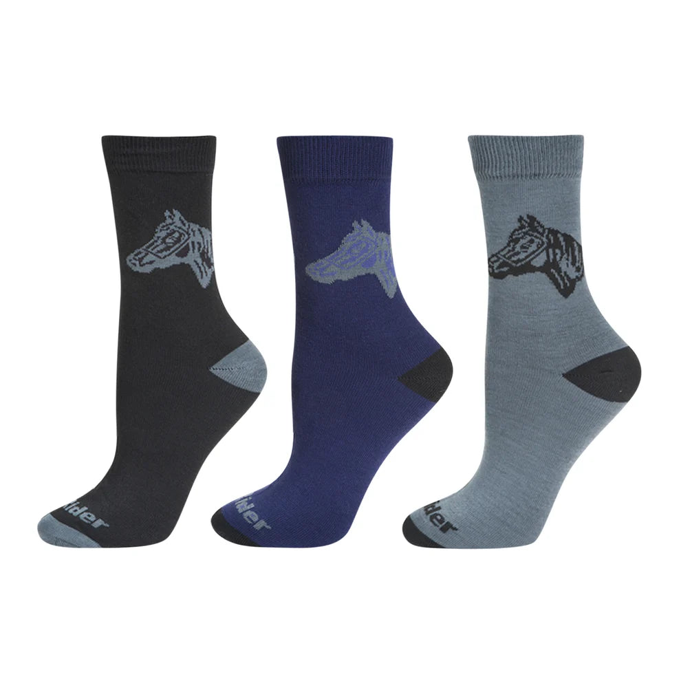 Three pairs of socks (black, navy, grey) with horse head design on a white background