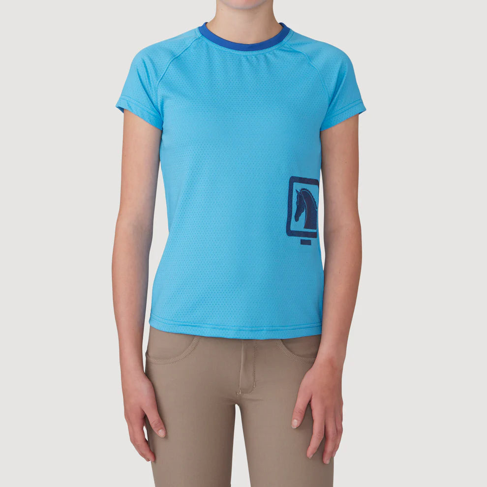 Person wearing a blue t-shirt with a logo on a white background