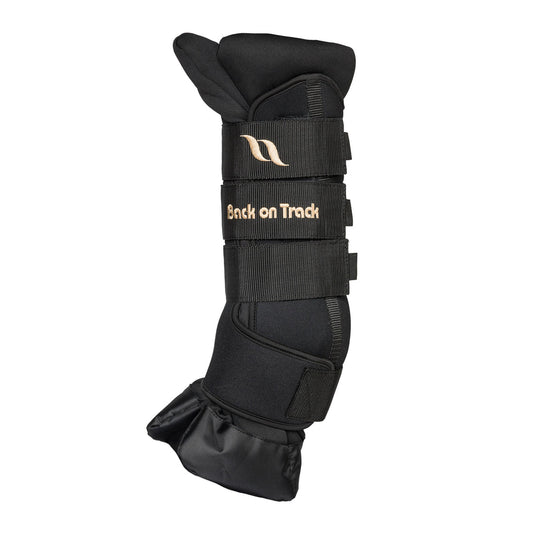 Black protective leg guard with 'Back on Track' branding on a white background