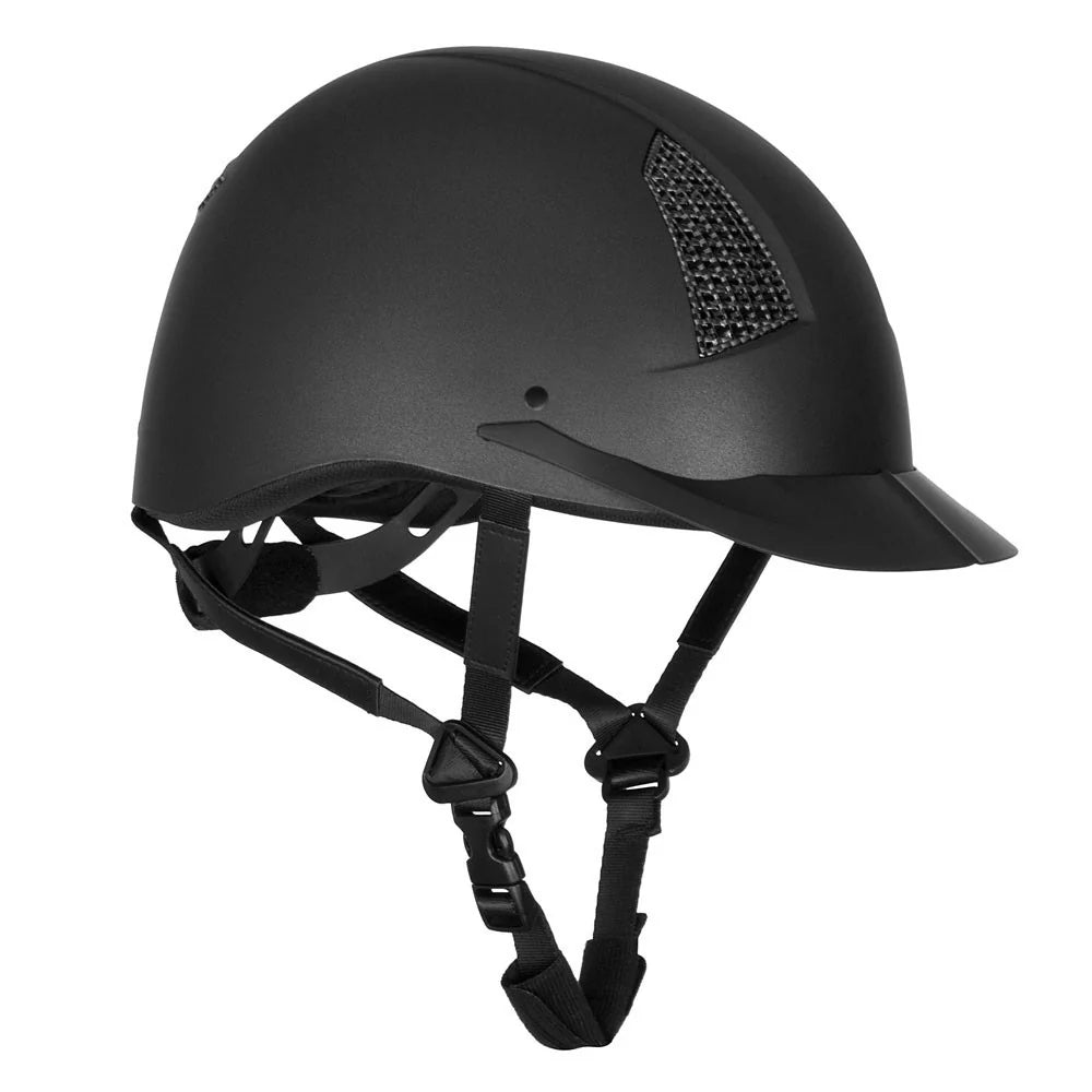 Black equestrian riding helmet with chin strap and front vents