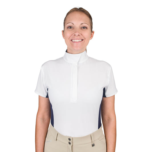 equestrian woman wearing a white short sleeve show shirt with navy blocks down the side