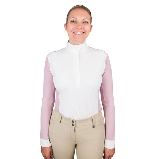 woman wearing an equestrian show shirt with soft plum colored sleeves