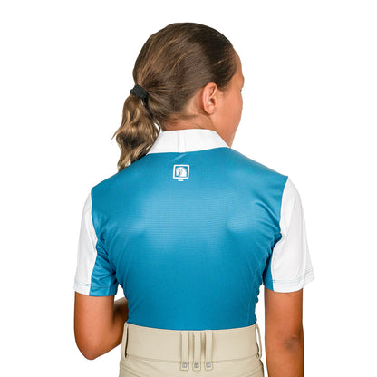 Back view of child wearing a short sleeve equestrian show shirt with color block on sides and back