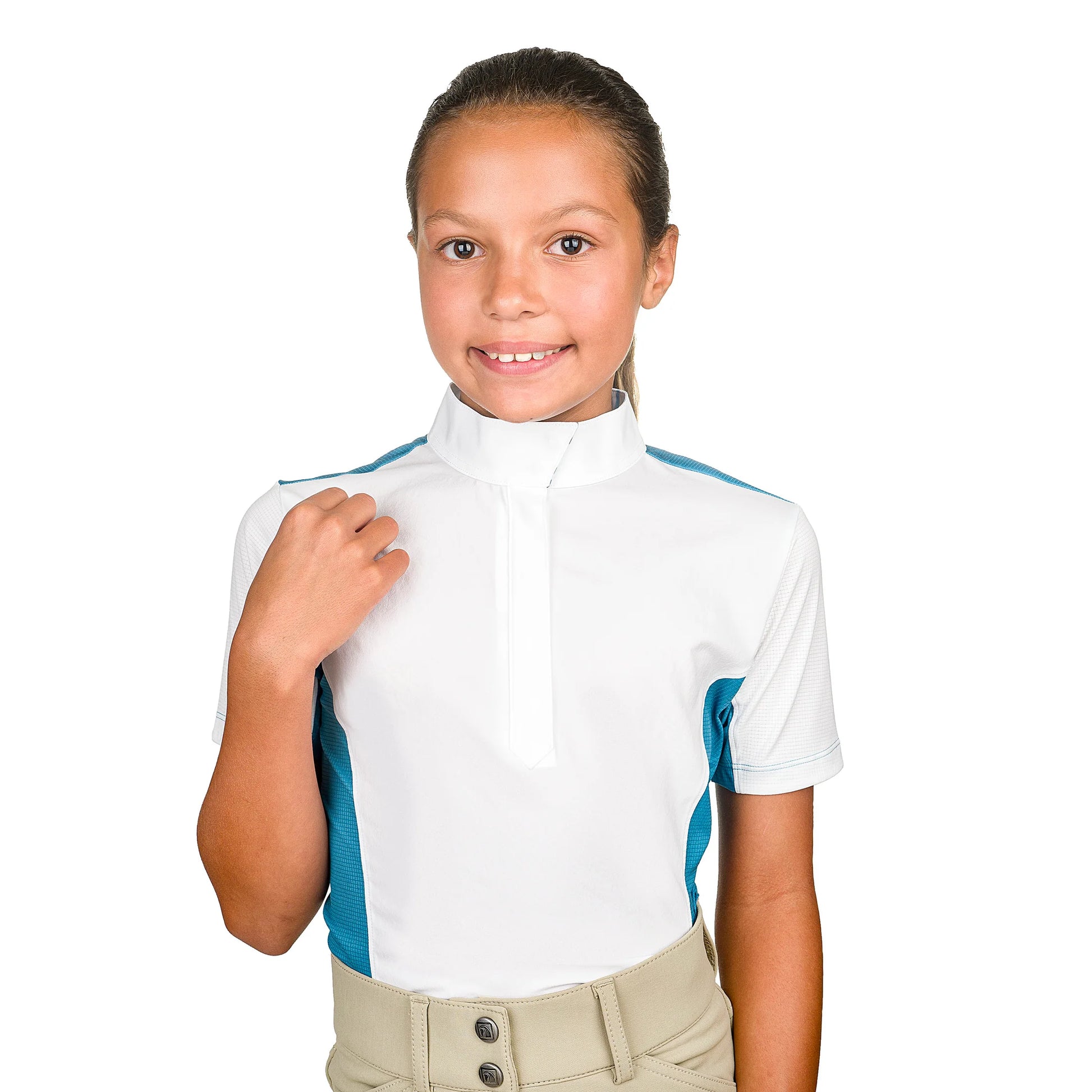 Front view of child wearing a short sleeve equestrian show shirt with color block on sides and back