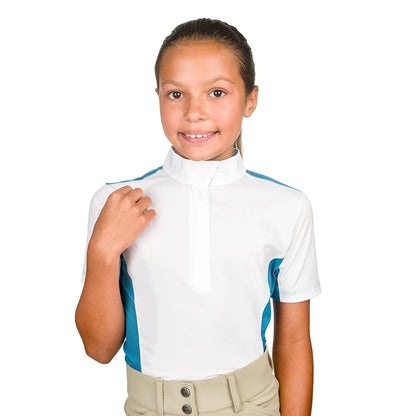 Front view of child wearing a short sleeve equestrian show shirt with color block on sides and back