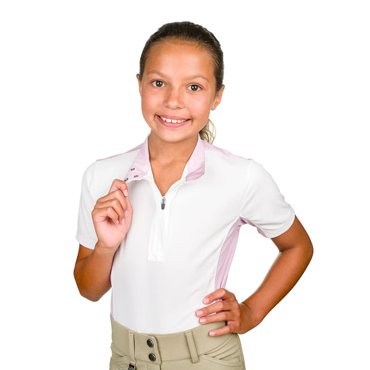 Front view of child wearing a short sleeve equestrian show shirt with color block on sides and back