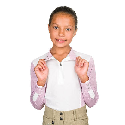 Front view of a young girl modeling an equestrian show shirt white with soft plum sleeves .