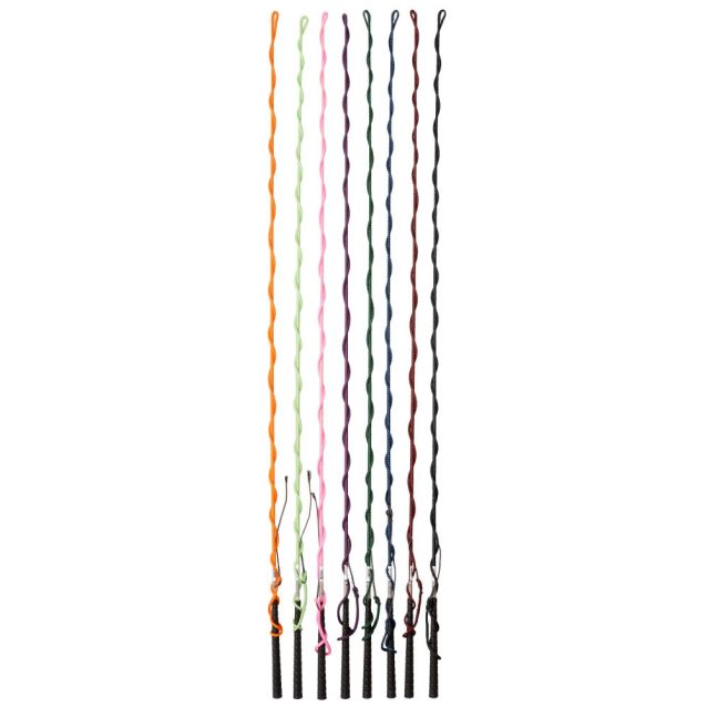 Multiple lunge whips of different colors on a white background.
