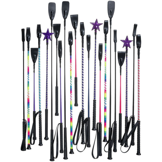 An assortment of fun colored and sparkley equestrian riding crops