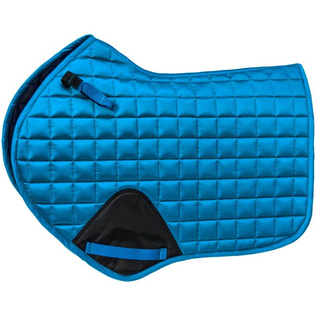 Shaped blue saddle pad with square quilting on a white background.