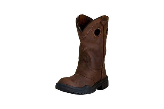 front view of a brown leather western boot