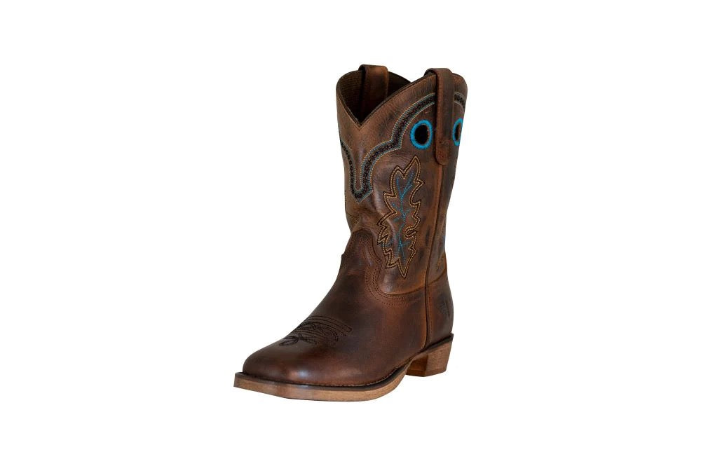 Brown western style boot with light turquoise stitched accents