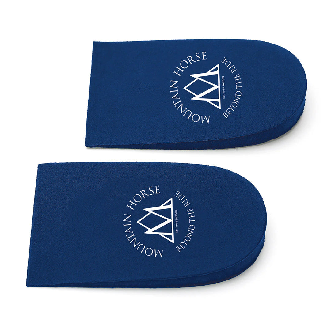 Blue heel lifts with white Mountain Horse logo