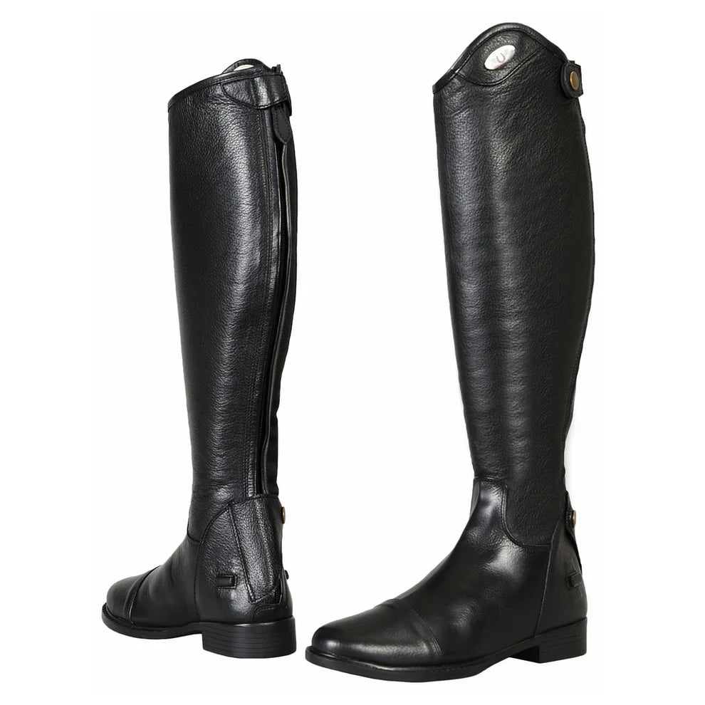 Pair of black dress riding boots on a white background
