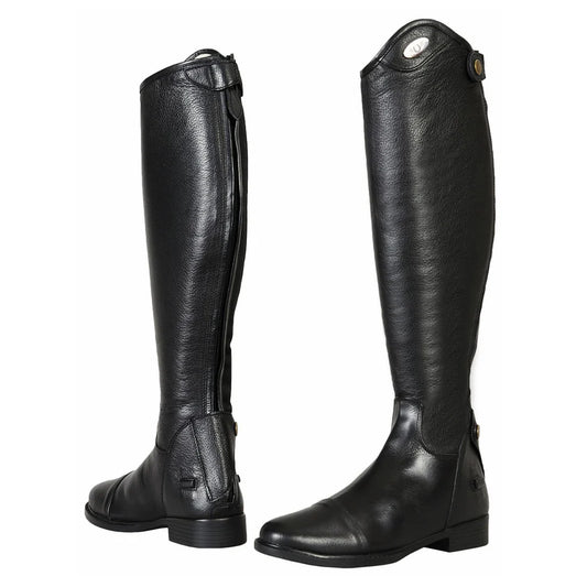 Pair of black dress riding boots on a white background